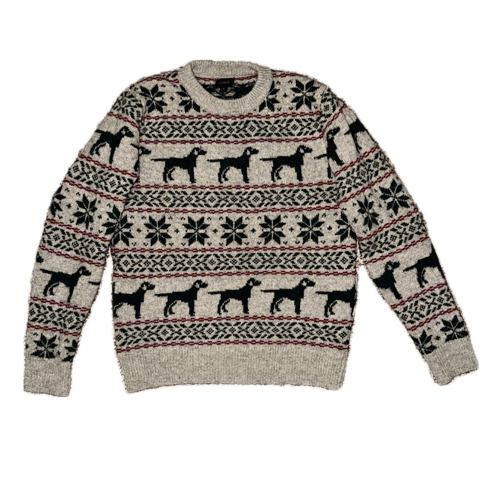 J.Crew 100% Wool Holiday Dog Sweater M Oatmeal Snowflake Country Cabin Apres Ski